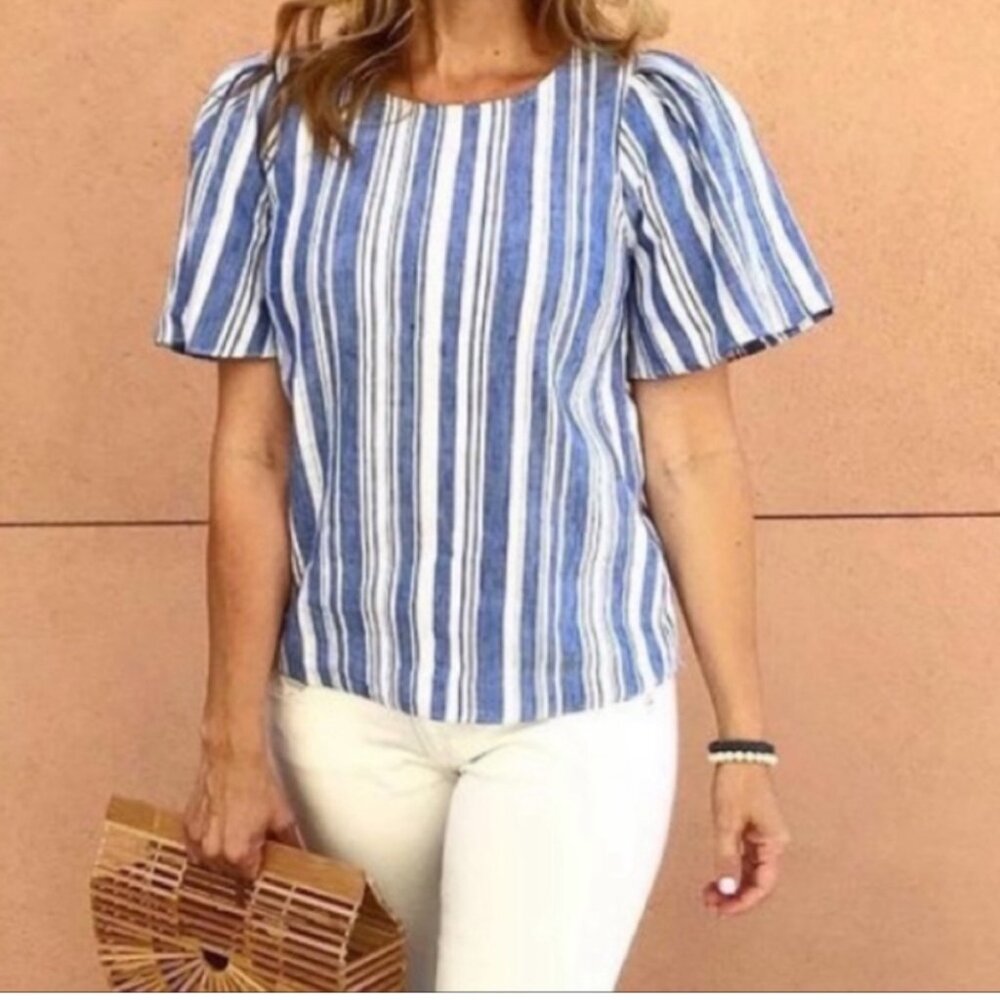 CAbi Chambray Stripe Wing Sleeve Top, Womens Small, Blue & White, Style 5343